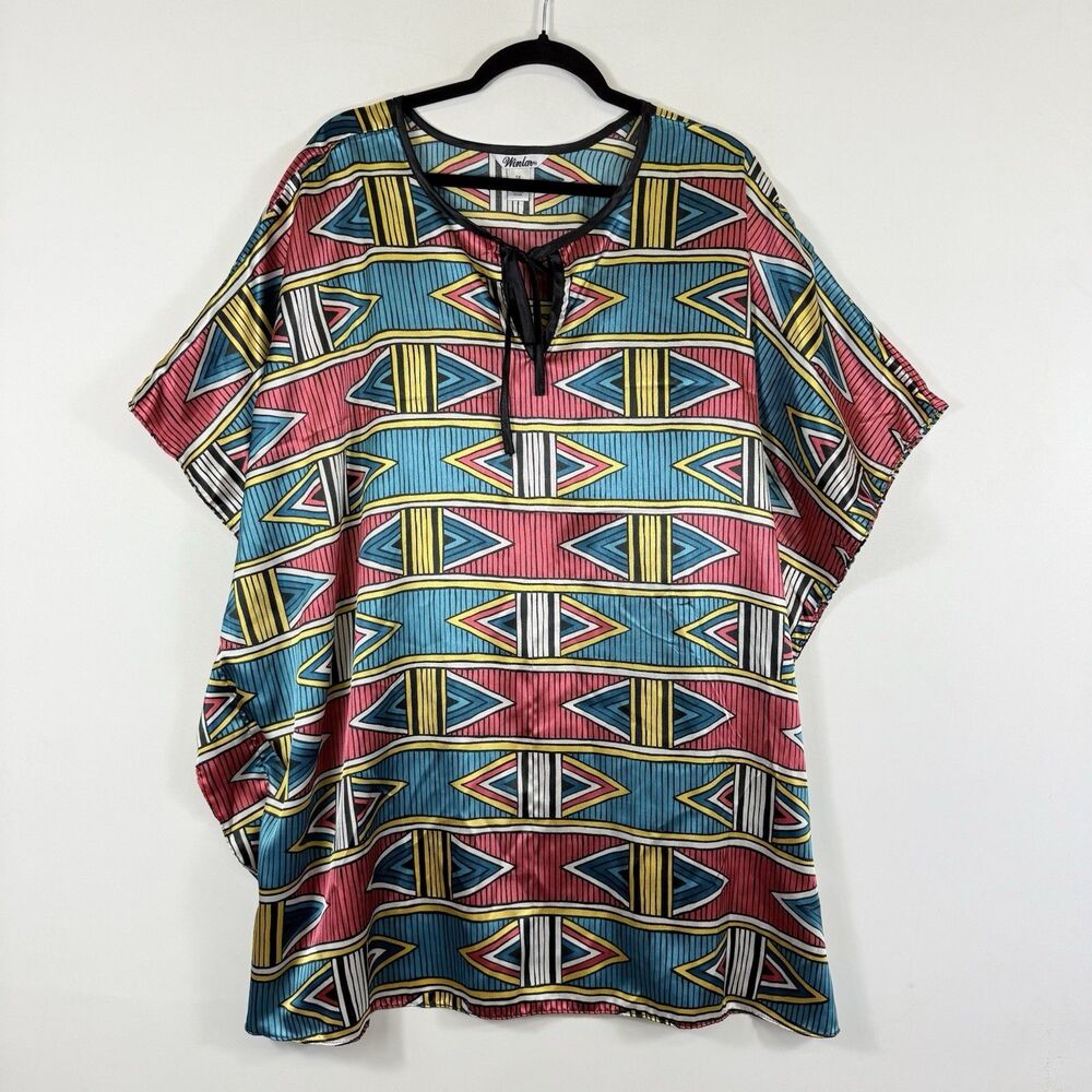Winlar Vtg Top Women 1X Geometric Satin Vacation‎ Beach Oversized Blouse Boho